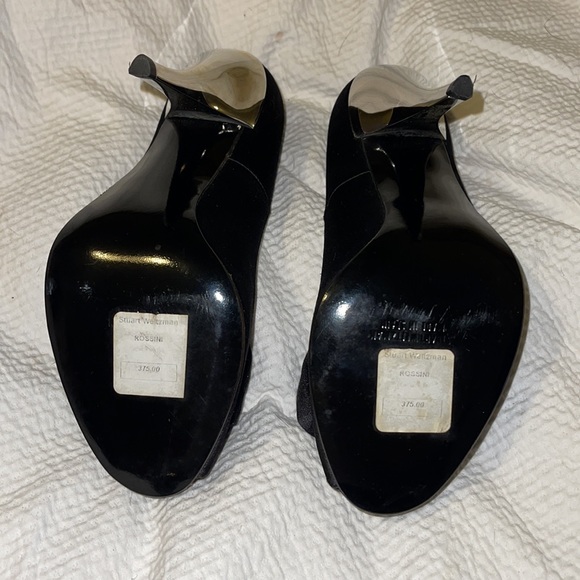 NEW Stuart Weitzman Black Satin & Swarovski Chrome-Heeled Peep-Toe Pumps Sz 6.5 - Picture 8 of 15